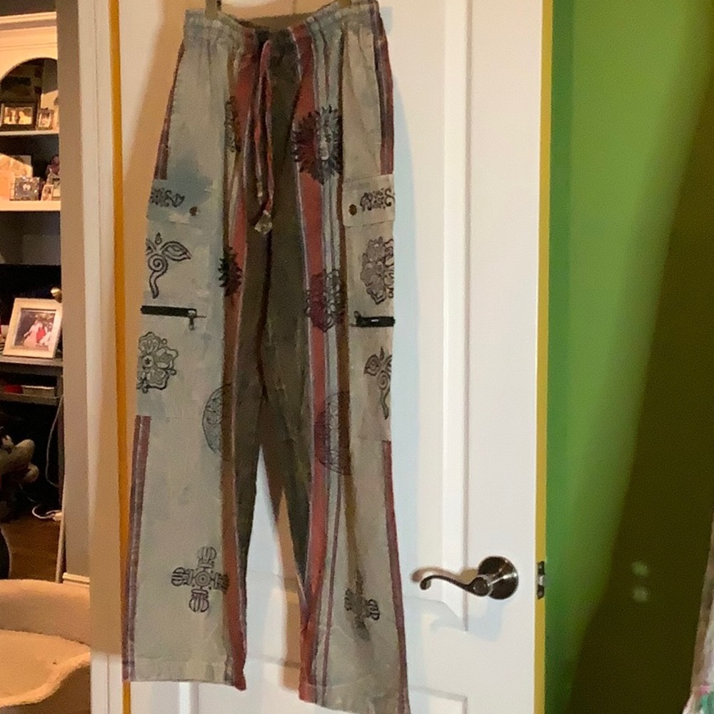 Nepal, cargo pants 0Mandela, blue and rust waist draw string 15 inseam 27 NWOT